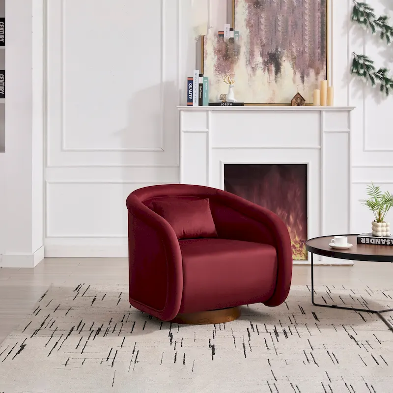 Wine Red / White Velvet Pumpkin-Shape 360° Swivel Barrel Accent Chair for 1 Person