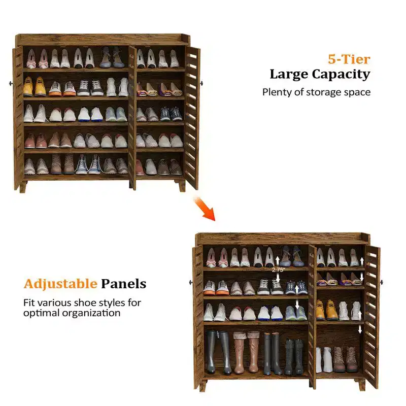 Karl Home | Hidden Shoe Cabinet With 3 Doors 5 Tier Shoe Organizer Rustic Brown