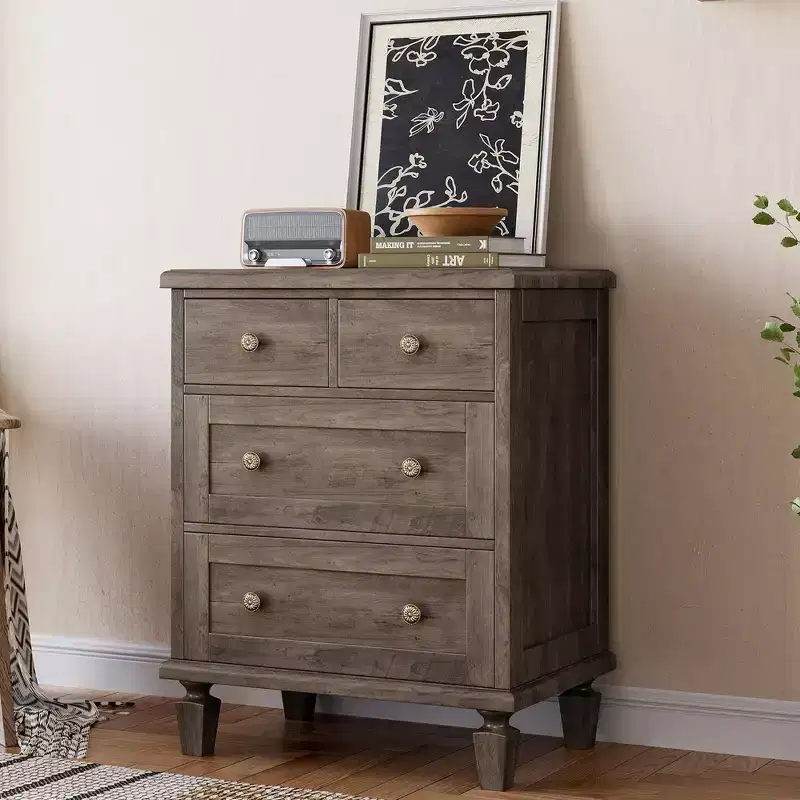 4-Drawer Wood Dresser for Bedroom Storage, Vintage Chest of Drawers Organizer with Tapered Legs & Carved Handles, Large Capacity