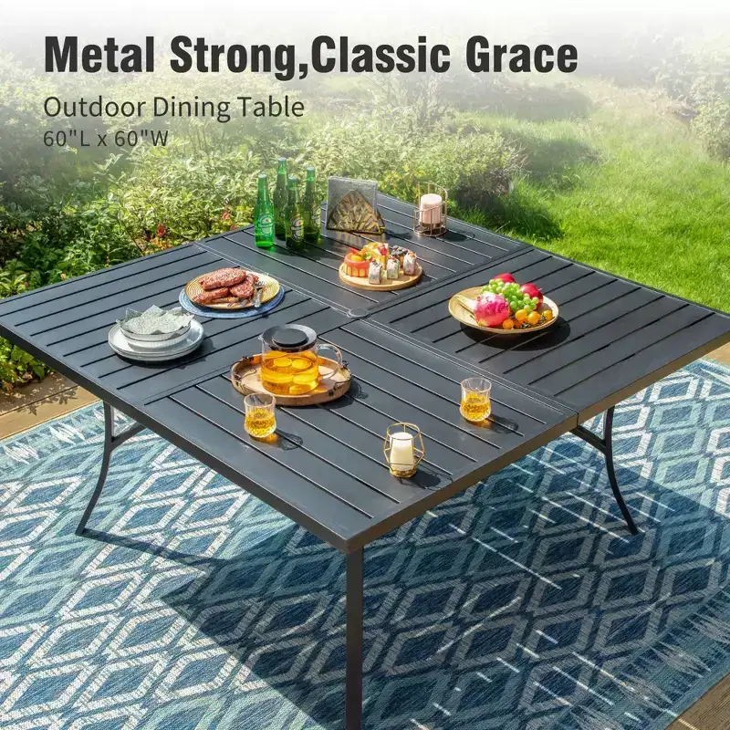 Captiva Designs 9pc Spacious Slat-top Square Metal Table & Rattan Metal Chairs with Thick Cushions