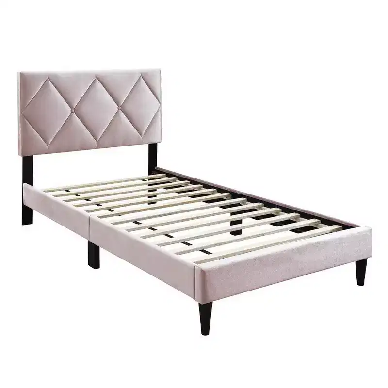 Royal Hampton Twin Bed, Tufted Light Pink Velvet Upholstery, Diamond Stitch