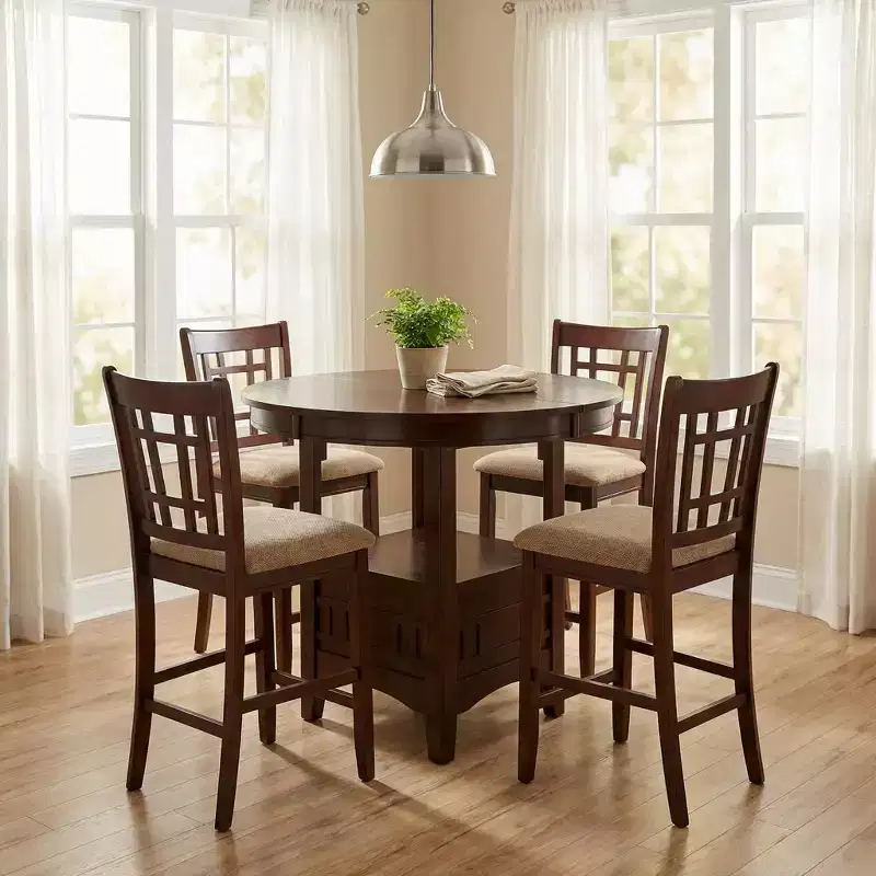 GDFStudio Hudson Contemporary 5-Piece Wood Counter Height Round Dining Table with Leaf and 4 Upholstered Chairs