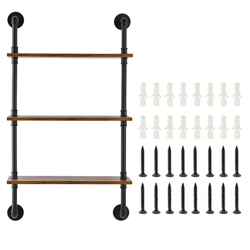 VEVOR Industrial Pipe Shelf, 3 Tier 24x7.87in, Wall-Mount Floating Rustic Wood Shelves Bracket Display Bookshelf, Storage Rack Sundries Holder,Black