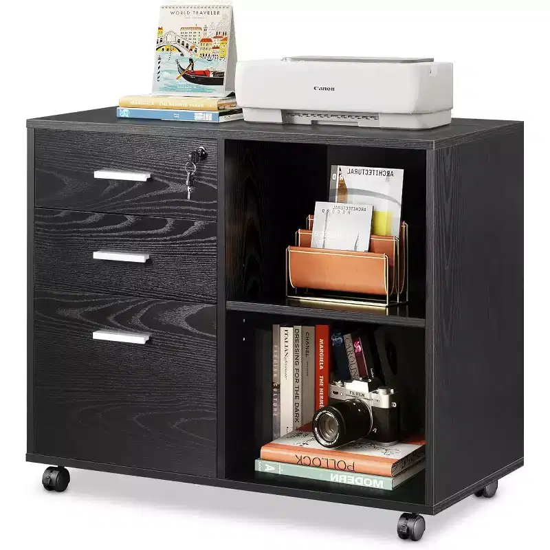 Black/White 3-Drawer Wood File Cabinet with Lock & Wheels, 1-Person