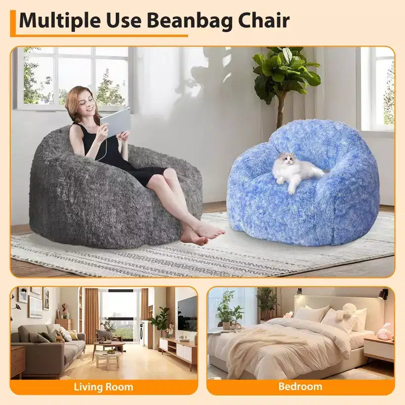 Adult Faux Fur Bean Bag Chair with Armrests - High-Density Foam Floor Sofa