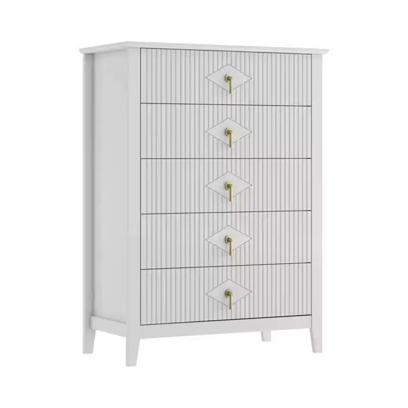 42.9 Tall 5-Drawer Fluted Dresser, Modern Wood Storage Organizer Cabinet for Bedroom, White