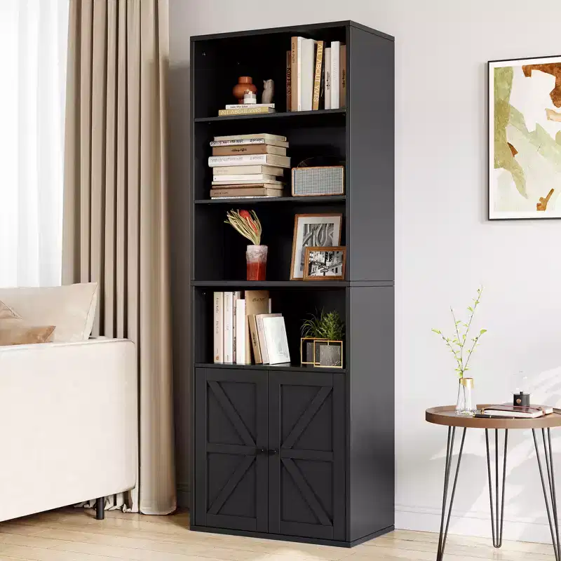 71.4 Tall Farmhouse 6-Shelf Wooden Bookcase with Doors, Industrial Display Storage for Bedroom, Living Room & Office
