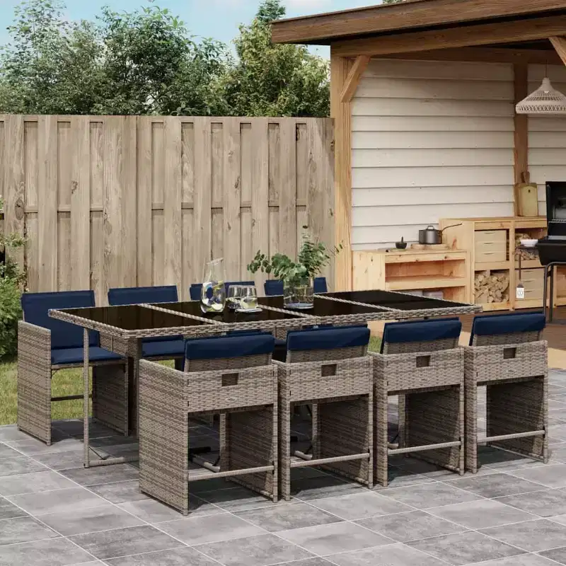 vidaXL Patio Dining Set, 9-Piece Foldable Outdoor Dining Set, Grey PE Rattan with Cushions