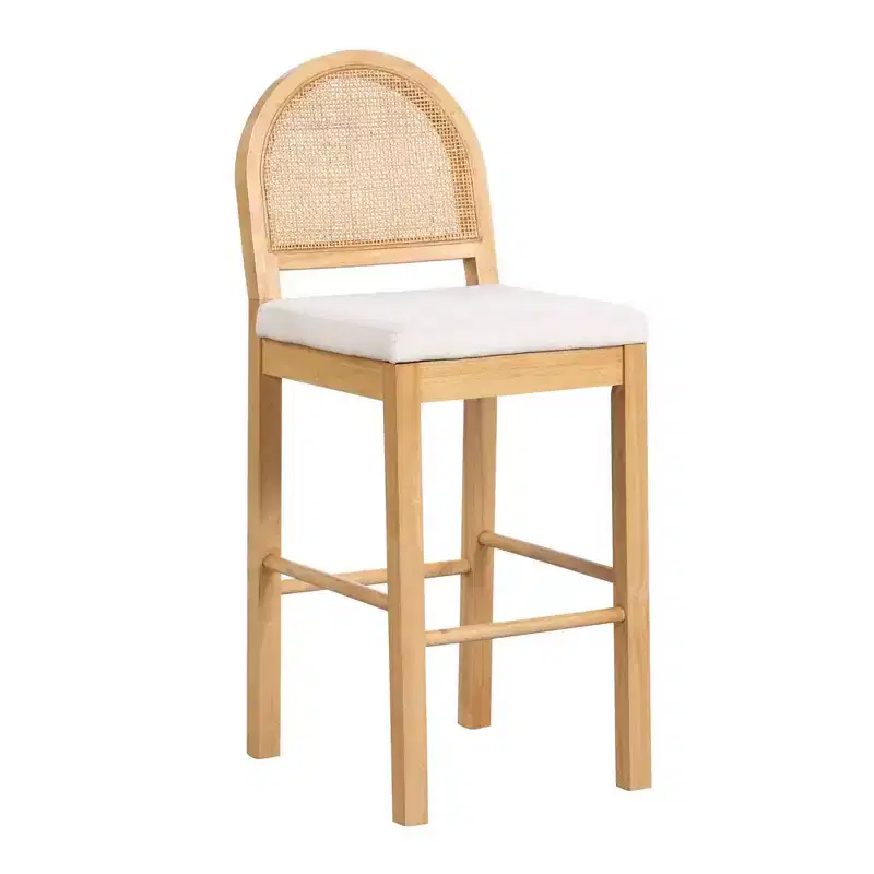 Counter Height Barstool, Oak Rattan Back with Cream Boucle Seat