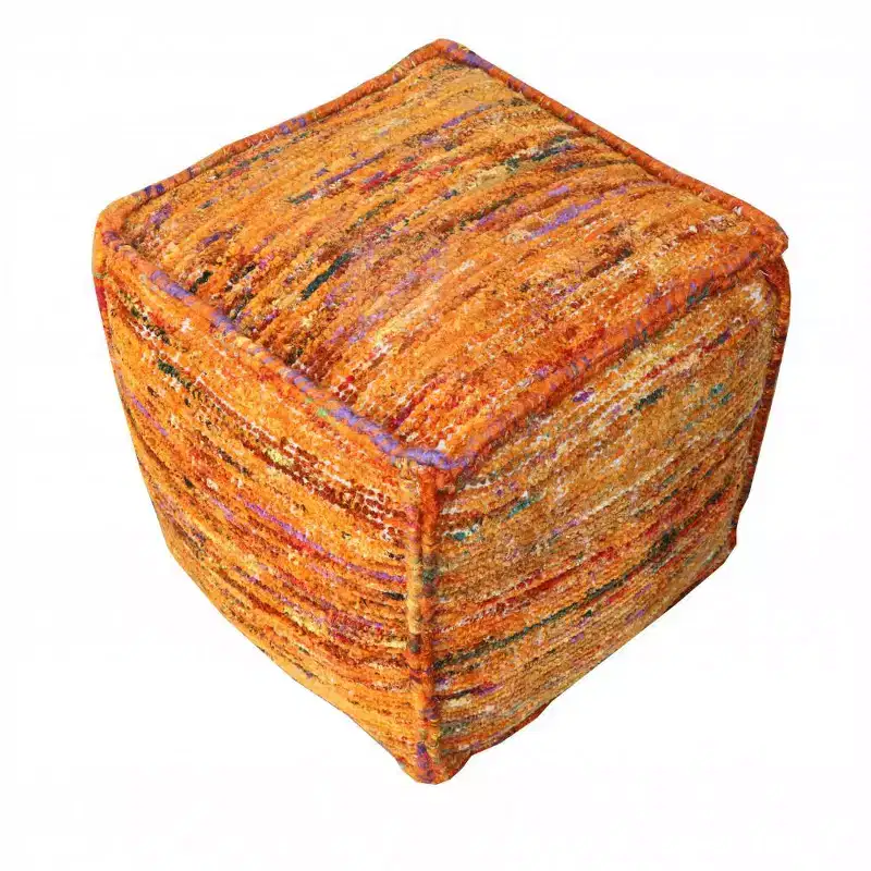 Orange Recycled Silk & Cotton Cube Pouf Ottoman – 18