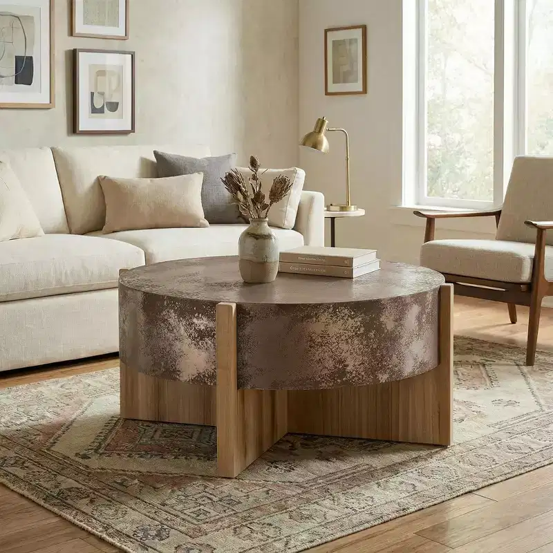 ModernLuxe Round Rustic Coffee Table Center Table Vintage Industrial Accent Table with Distressed Rust Finish & Wood Legs, Natural