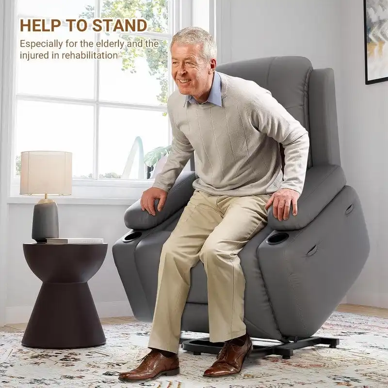 Power lift recliner chair with massage, cup holders, and side pocket.