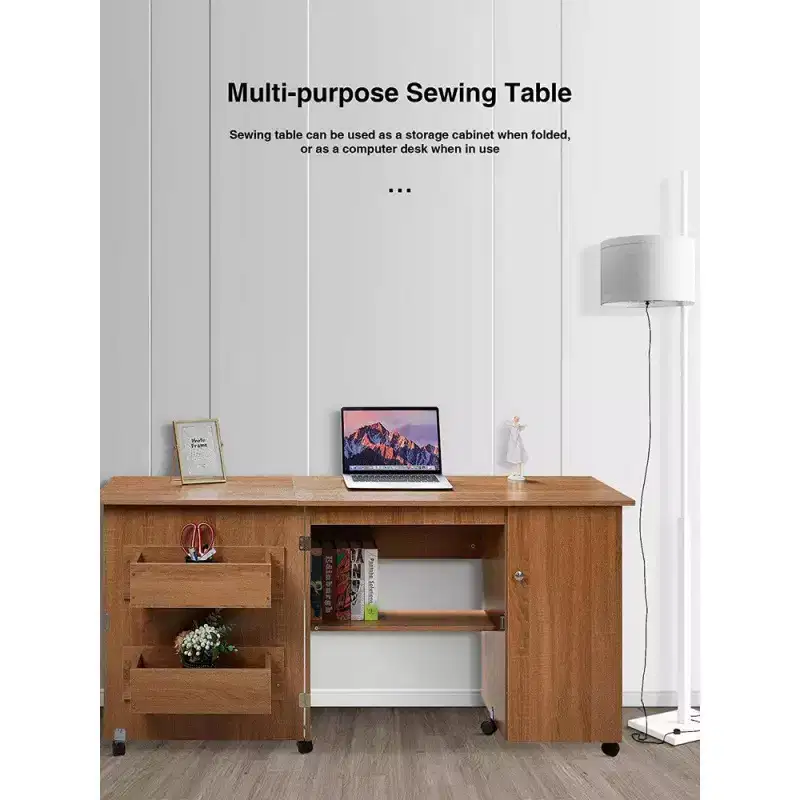 Large Folding Sewing Table, Multipurpose Portable Craft Station & Side Desk w/Compact Design, Caster Wheels, Storage Shelves, Storage Trays
