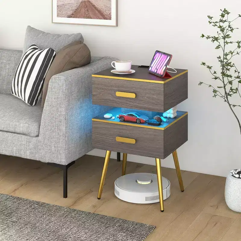 1/2 PCS Nightstand with Charging Station Bedside Sofa Side Tables with 2 Drawers Grey