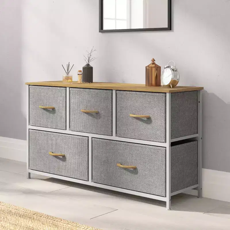 5-Drawer Storage Dresser with Cast Iron Frame, Wood Top and Fabric Drawers