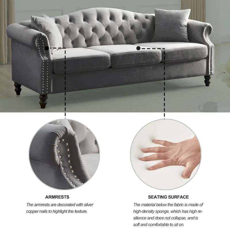 Chesterfield 3-Seater Upholstered Tufted Sofa with Rolled Arms and Nailhead