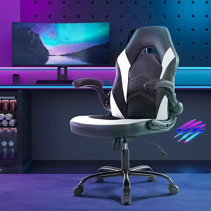 Gaming Chair PU Leather Ergonomic Office Chair Swivel Computer Chair White with Lumbar Support