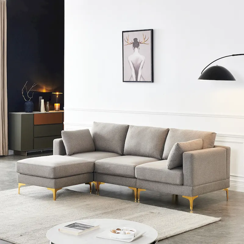 Christopher Knight Home - Beige L-Shape Sectional Sofa with Gold Metal Legs and Ottoman
