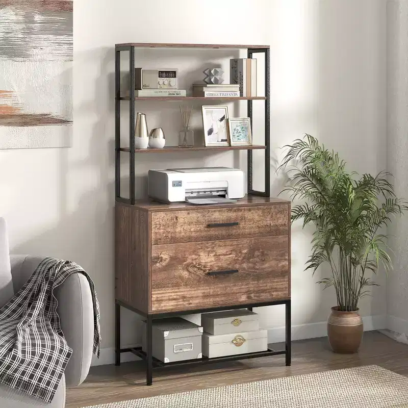 File Cabinet w/ Charging Station 3-Tier Open Shelves & Large Drawer Compatible Rustic Brown