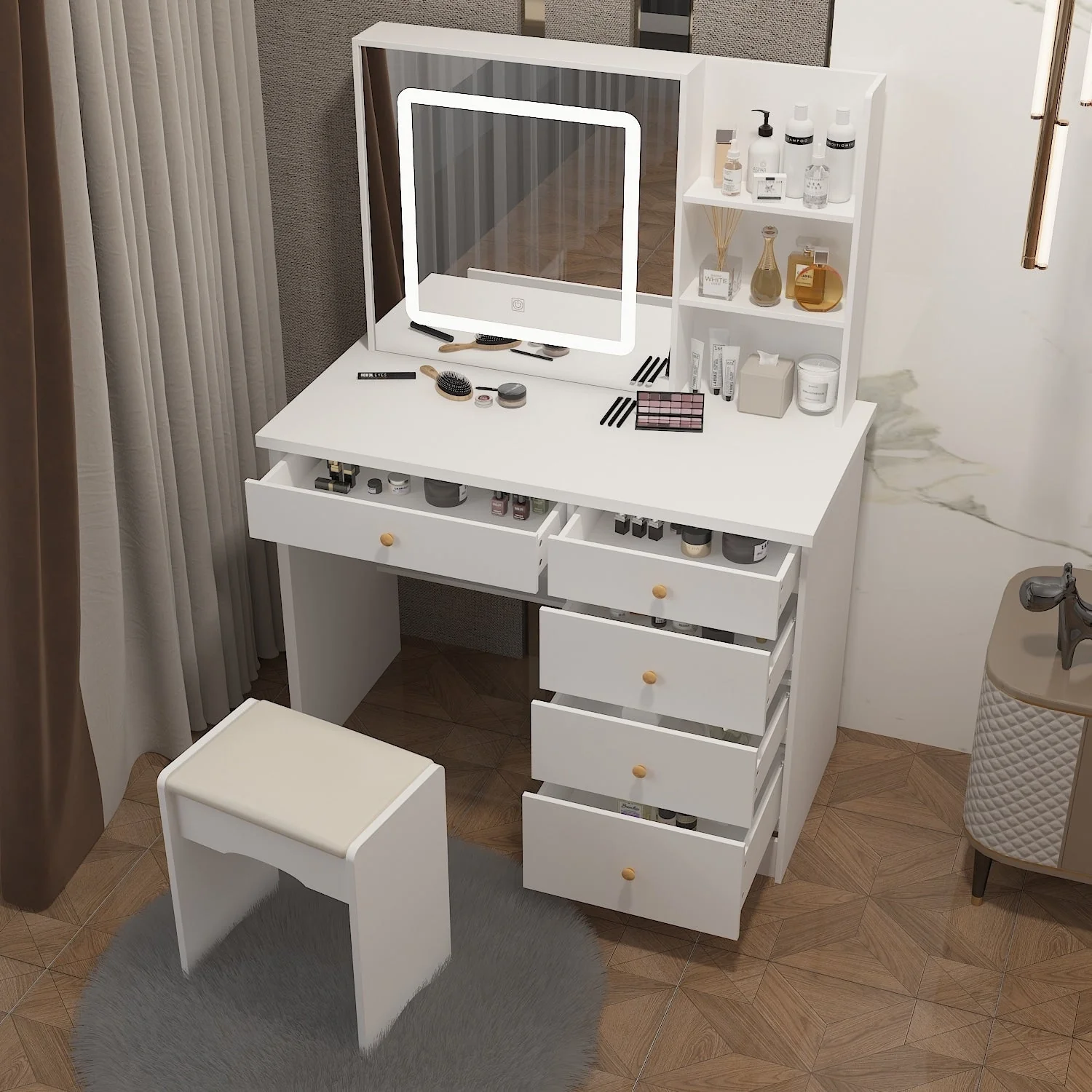 Kerrogee Makeup Vanity Set with Adjustable Lighted Mirror & Stool - 39.4L x 19.7W x 53.5H