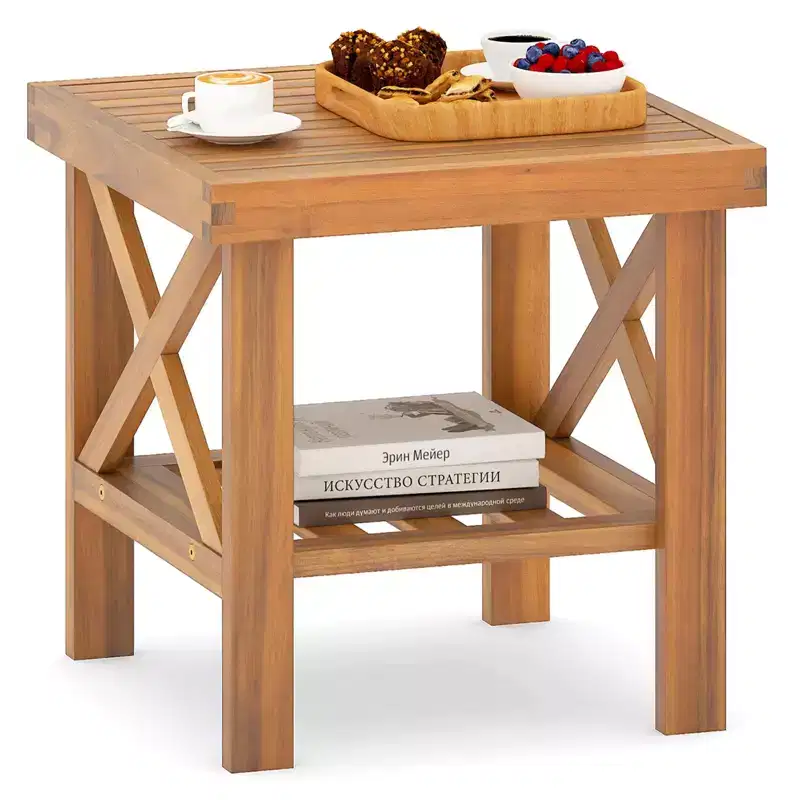 Costway Outdoor Side Table Acacia Wood Adirondack Table w/ Storage Shelf Natural