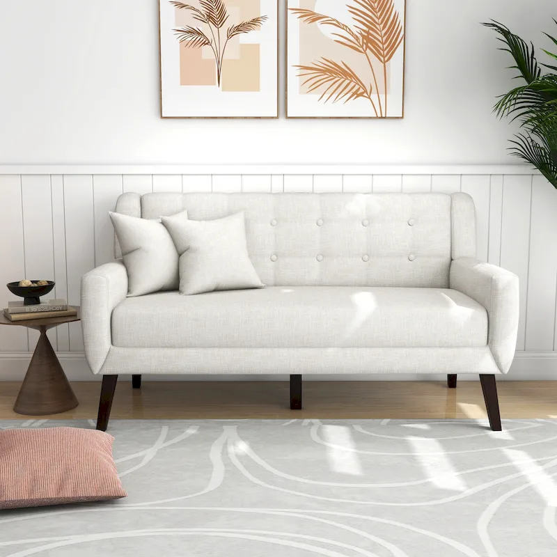 Tufted Linen/Cotton 2-Seater Sofa with Pillows
