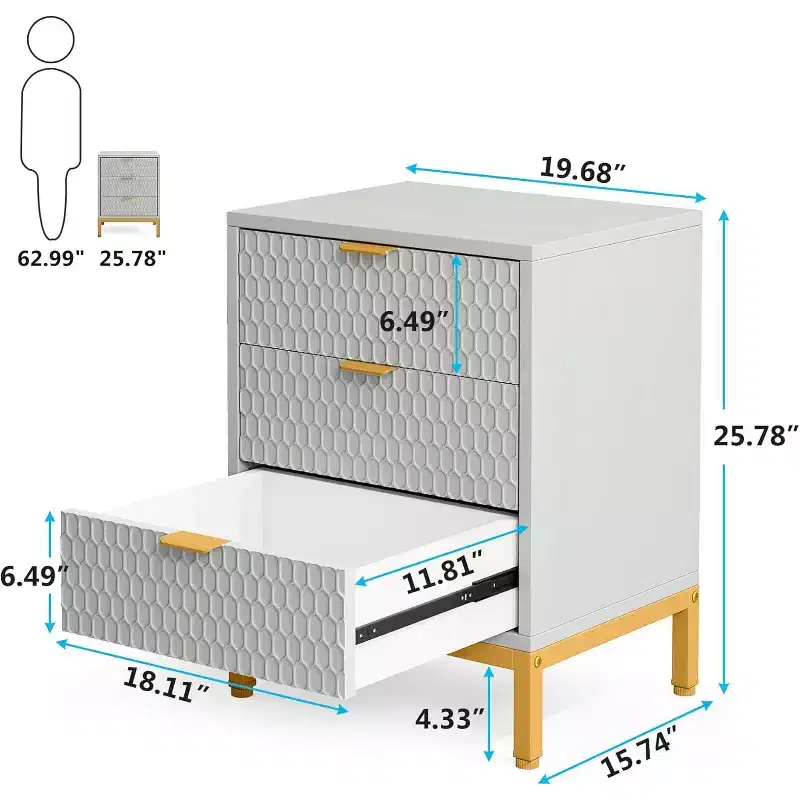 Modern Nightstand with 3 Drawers, White Bedside Table for Bedroom, Sofa Side End Table with Storage Drawers