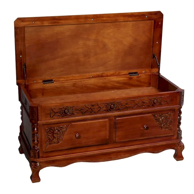 Carved Wood Storage Bench