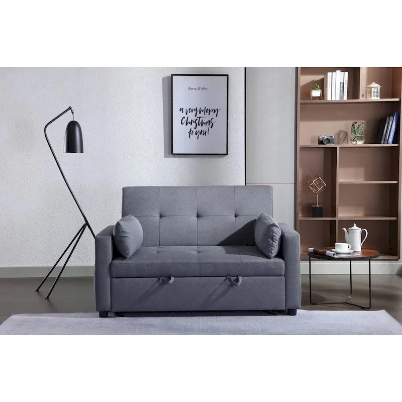 Light Grey Linen Fabric 3-In-1 Convertible Sleeper Loveseat With Side Pocket