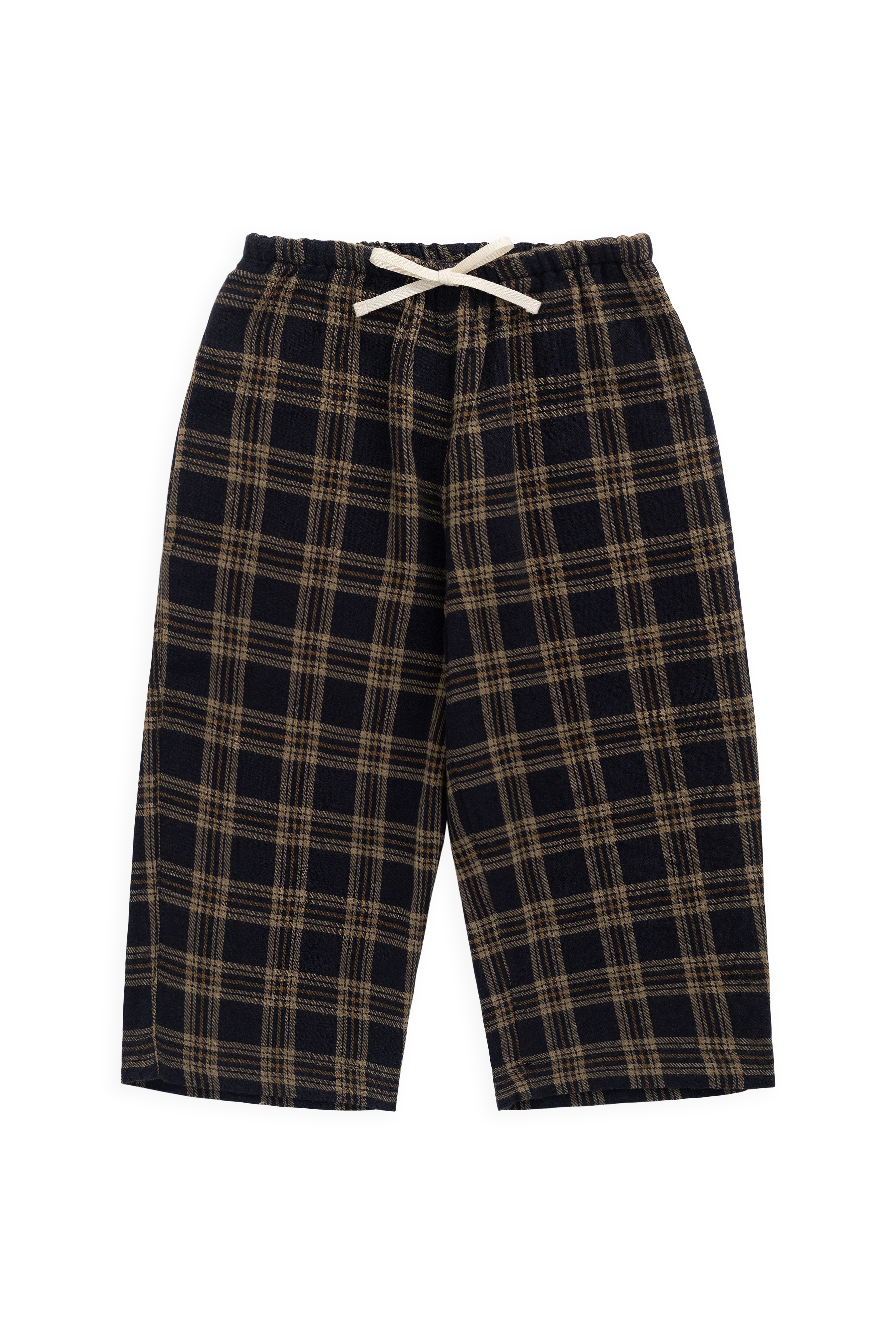 Classic Earthy Woodland Check Organic Cotton Relaxed Pant with Decorative Waist Tie for Kids 6M–8Y