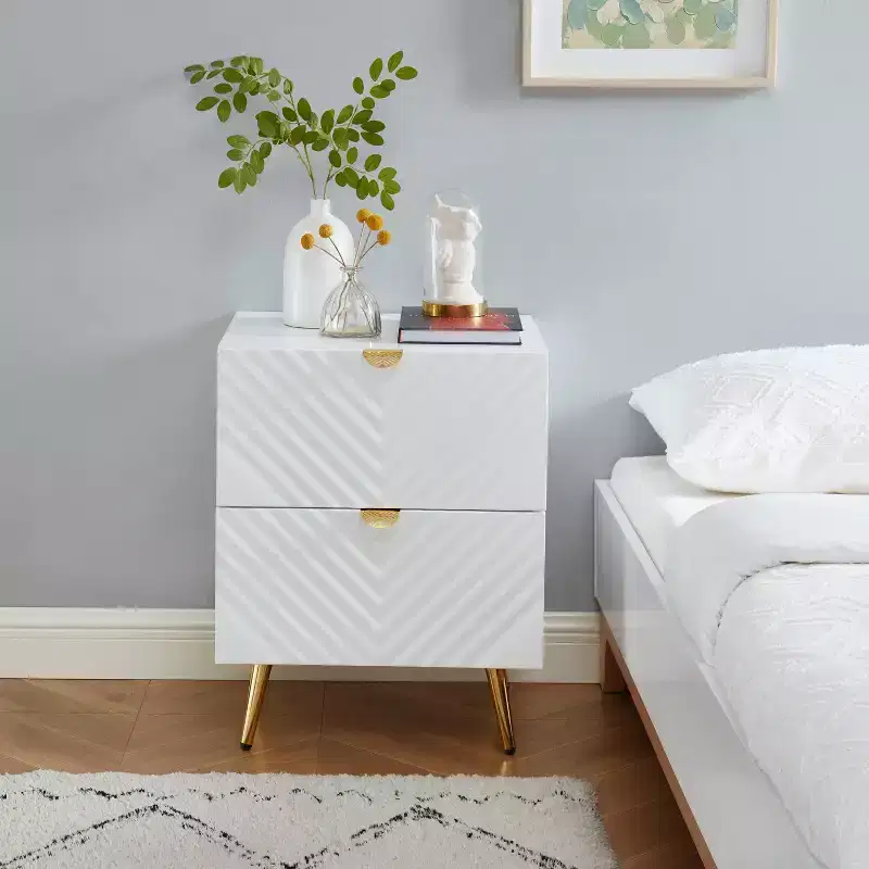 Probe Hues High Gloss Nightstand with 2 Drawer and Wave-pattern Detailing