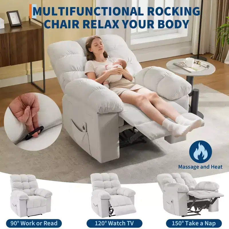 GustoWave Oversized Recliner Chair for Adult w/Massage and Heat, Overstuffed Breathable Fabric Reclining Sofa for Living Room