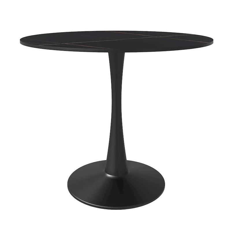 35in Round Dining Table with Sintered Stone Tabletop, Black Steel Pedestal Base, Scratch-Resistant
