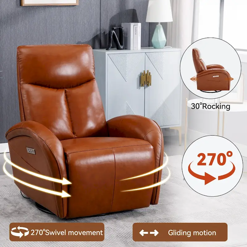 Blue Genuine Leather Power Recliner with Swivel & USB Charging