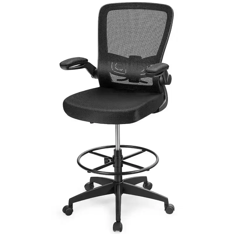 Adjustable Swivel Drafting Chair with Flip-Up Armrests Adjustable Lumbar Support Black&White/Black