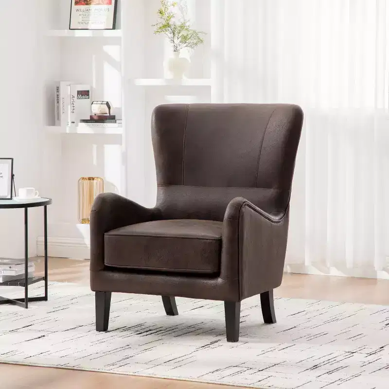 Retro PU Upholstered Accent Chair with High Back, Reading Chair with Solid Wood Legs, Wingback Club Chair for Living Room or Apartment-Panipeachy