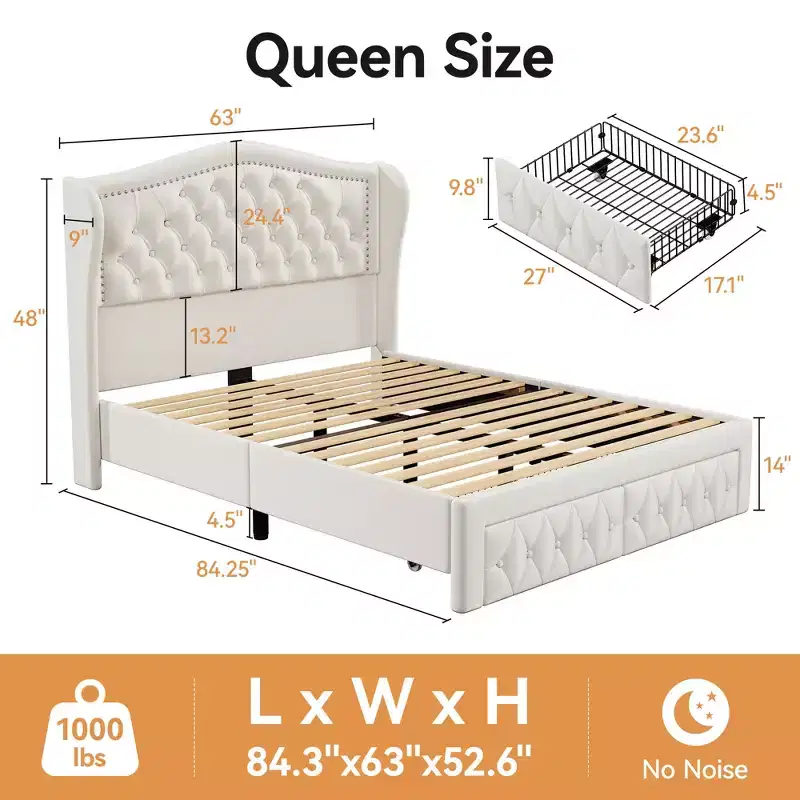 Dyonery Queen Bed Frame, Velvet Upholstered Platform Bed with 2 Storage Drawers, 52.6 Tall Wingback & Vertical Tufted Headboard Design
