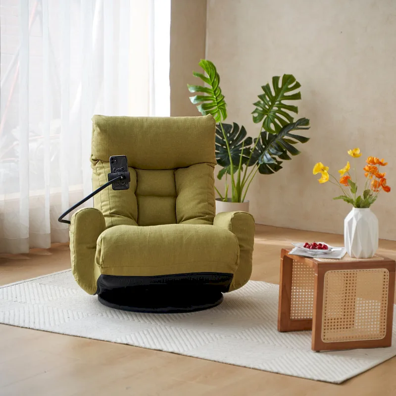 Upholstered 360 Swivel Manual Leisure Recliner with Mobile Phone Holder, Adjustable Headrest and Backrest