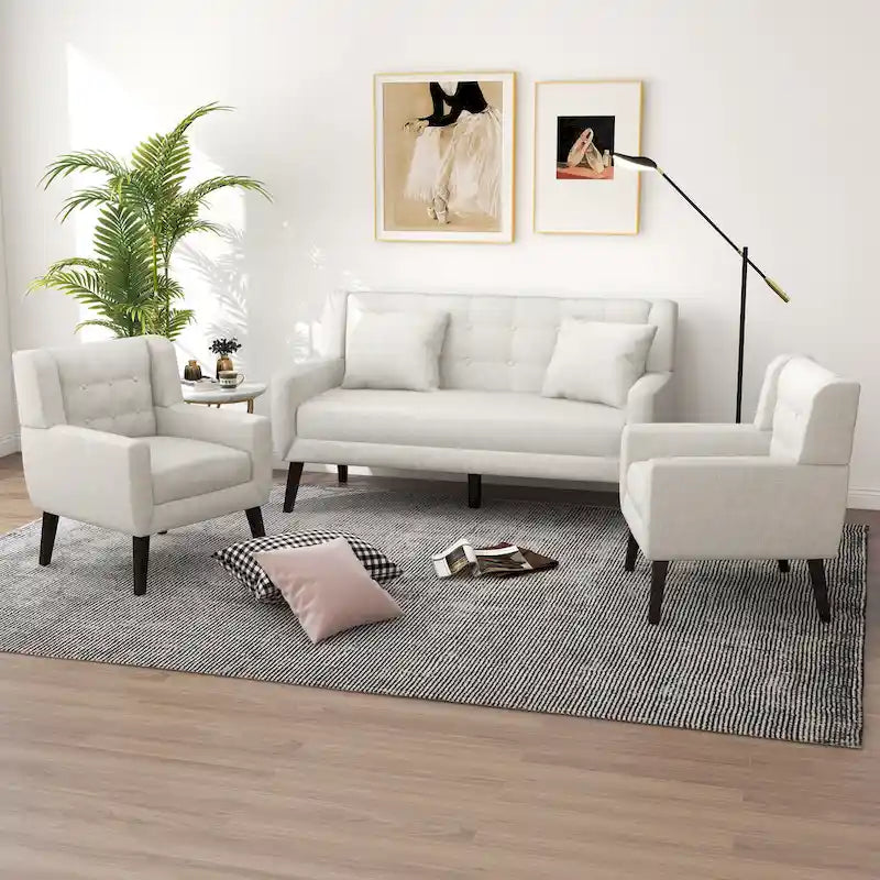 Tufted Linen/Cotton Loveseat with 2 Accent Chairs