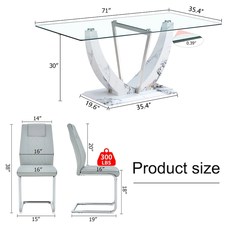 Modern Tempered Glass Dining Table Set with U-shaped Marble Pattern Base and PU Upholstered Chairs