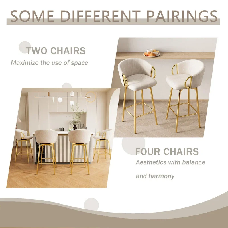 Counter Height Chairs Set of 2, Velvet Upholstered Kitchen Island Chair with Back, Dining Chairs with Metal Legs