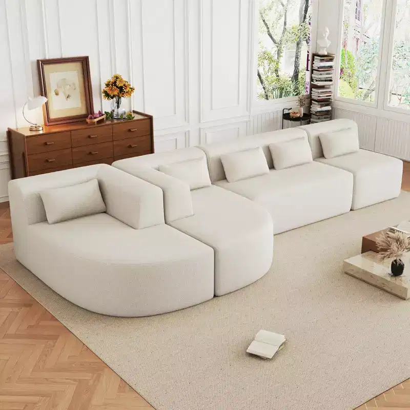 Modular Boucle Floor Couch, Modern Compressed Foam Sectional Sofa with Two Chaise Lounge