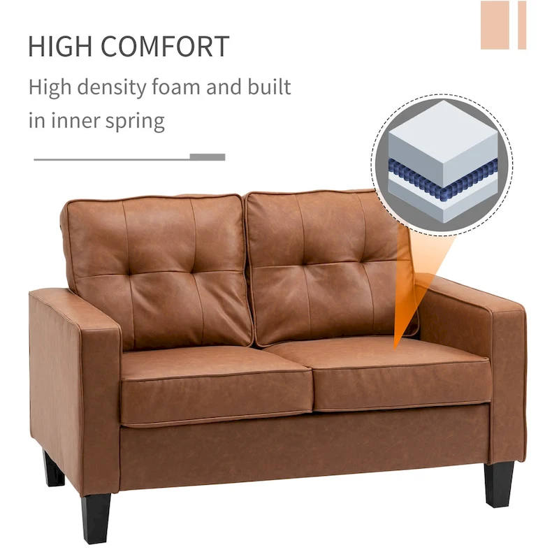 HOMCOM 51 Wide Double Sofa with Armrest, 2-Seater Tufted PU Leather and Pocket Spring Sponge Padded Cushion, Brown