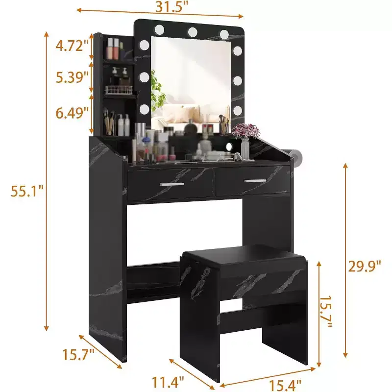 Vanity Desk with Mirror, Stool and Lights 3 Colors, Makeup Table with Power Outlet, Dressing Table with Hairdryer Holder for Bedroom