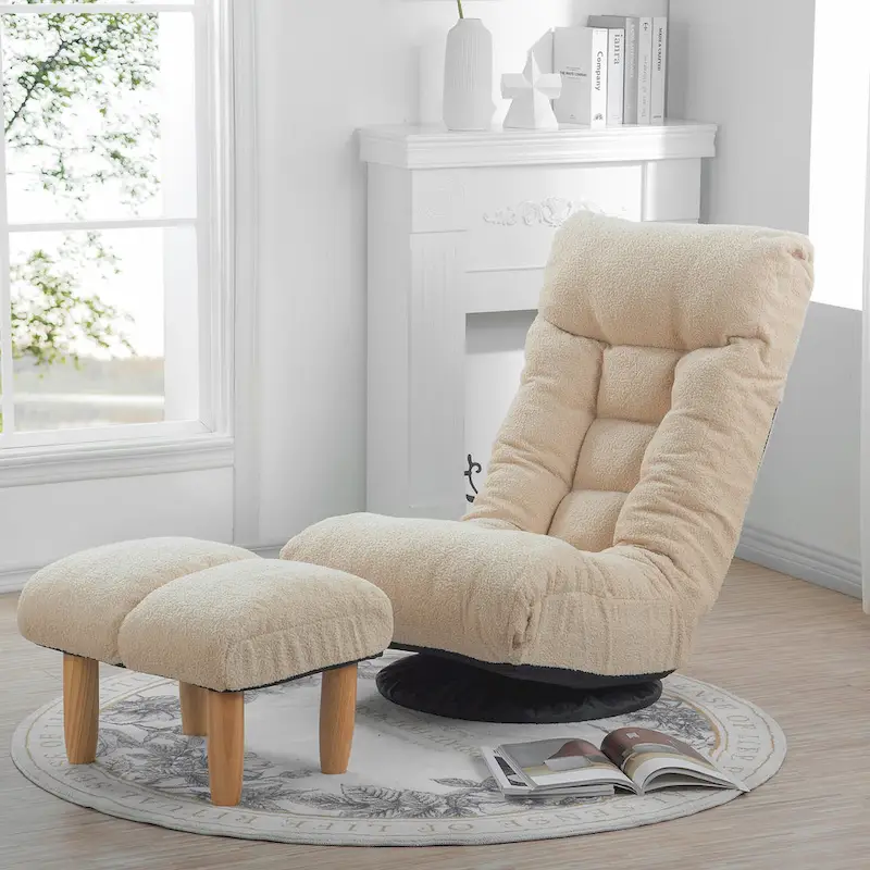 Beige Boucle Upholstered 360 Swivel Armless Manual Leisure Recliner Set with Ottoman, Adjustable Headrest and Backrest