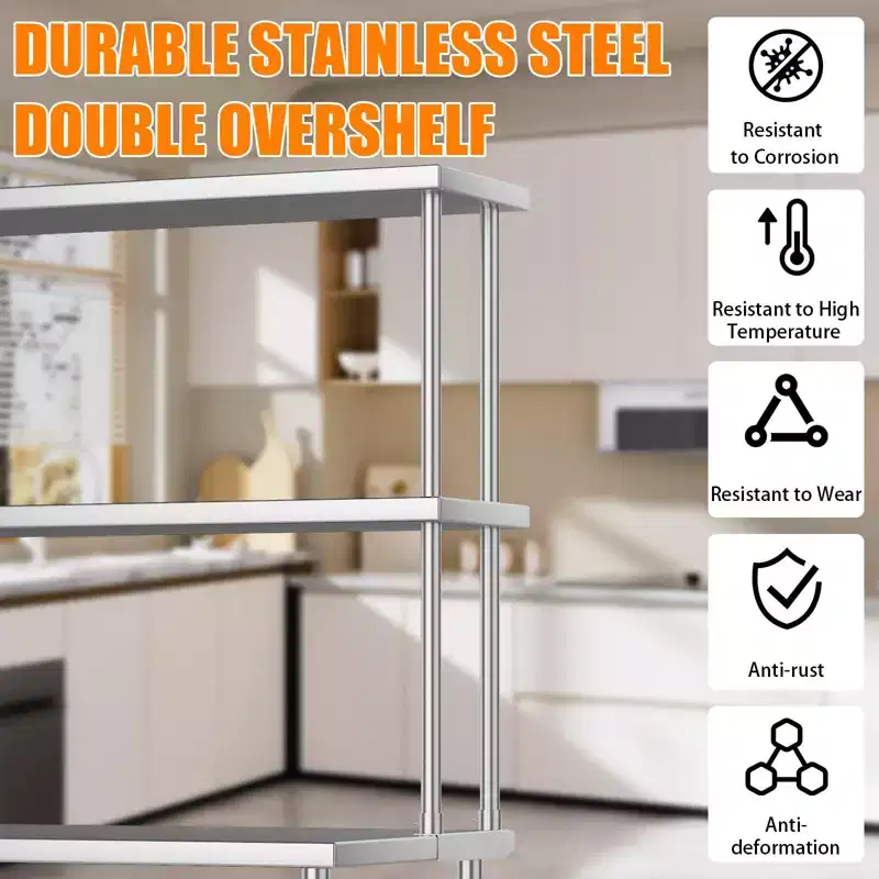 Stainless Steel 2-Tier Lab Overshelf  60W x 12D x 39H, Adjustable Heavy-Duty Shelves (360 lb + 220 lb Capacity) for Workbench