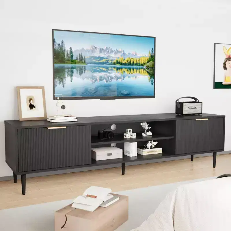 Black TV Stand, Modern Mid Century Entertainment Center with 2 Large Storage Cabinets, Media Console Table, Soft Hinge, Metal Handle Door