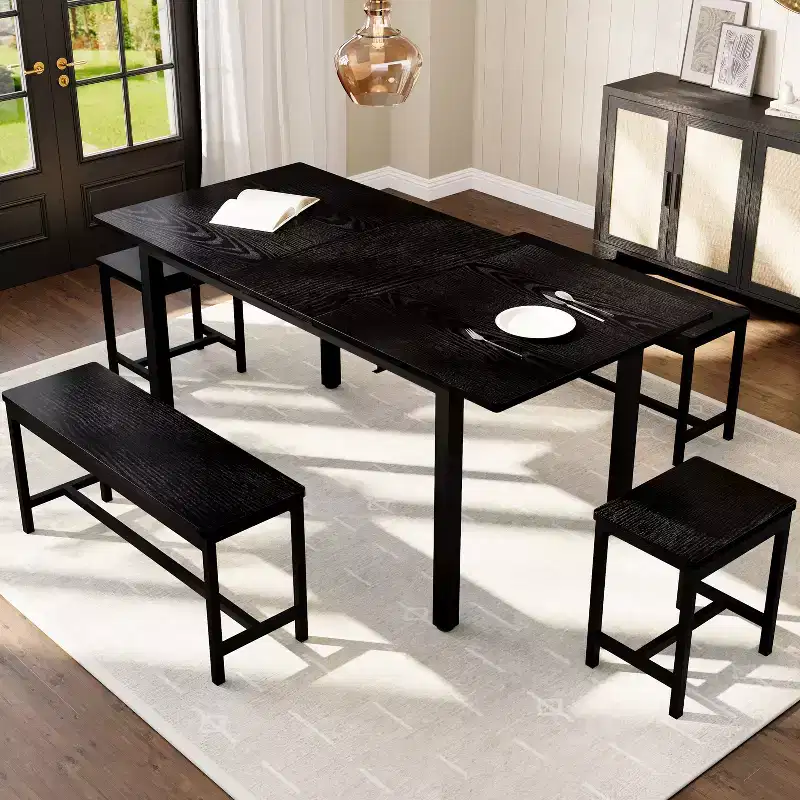 Kitchen Table Set ,Extendable Dining Table with 2 Benches and 2 Square Stools, Kitchen Table for 8 SeatingEasy Assembly