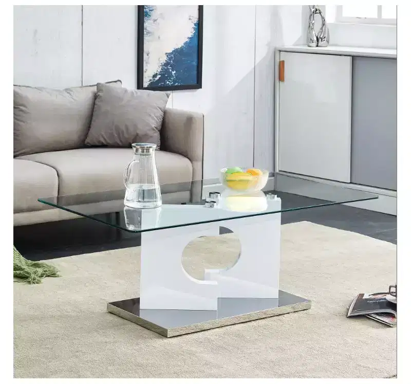 Rectangular Tempered Glass Coffee Table with White MDF Legs Modern Living Room Center Table