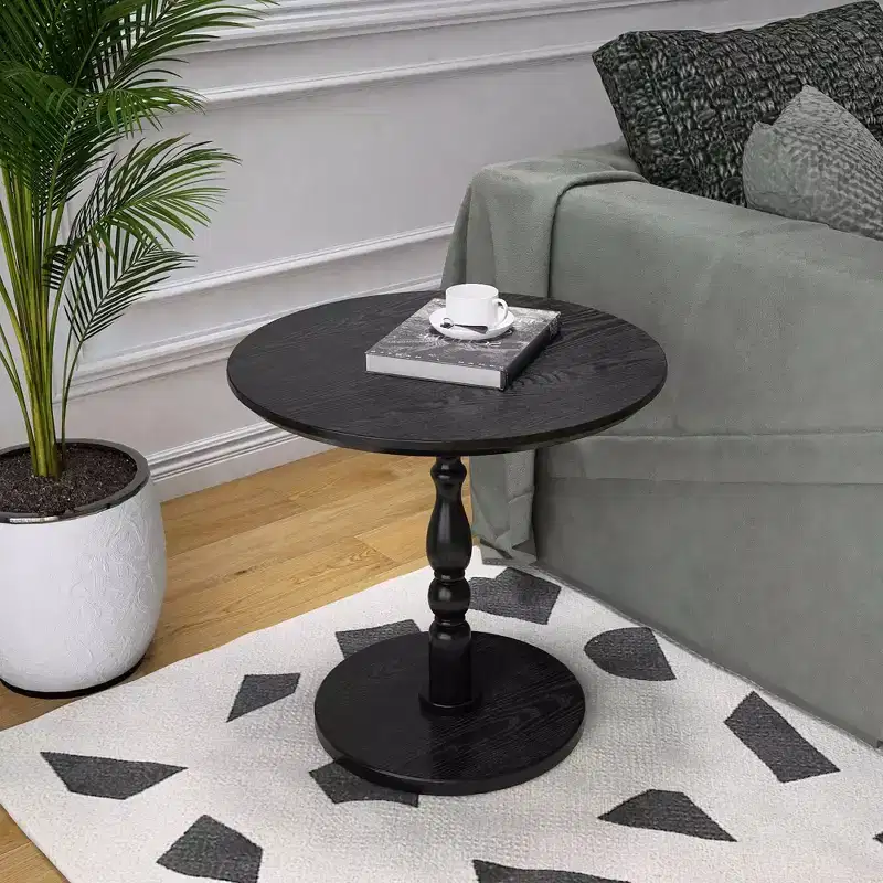 Black Round Side Table, MDF Top, Anti-Slip Base, for 1 Person